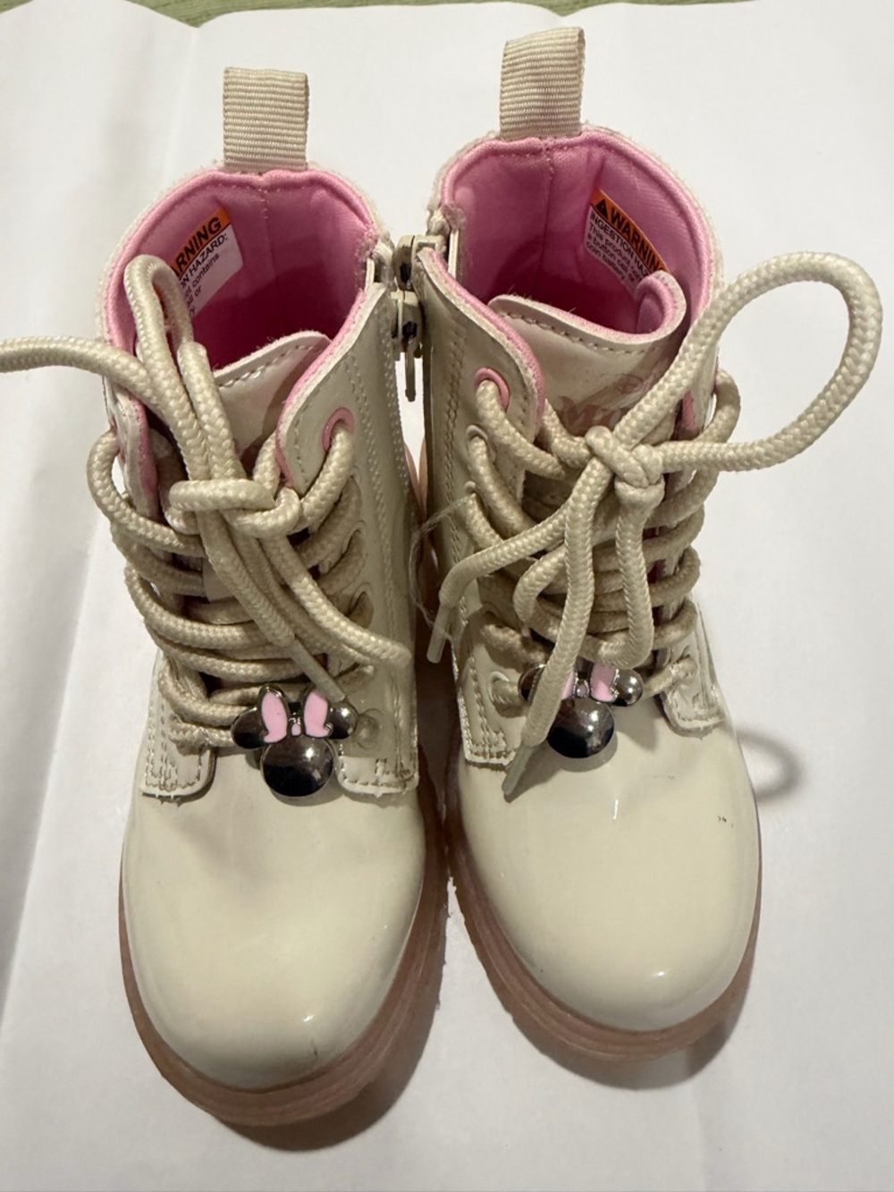 Disney Cream Lace-Up Kids Boots with Pink Lining and Bow Charm
